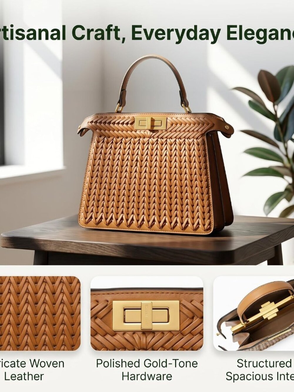 Woven Faux Leather Shoulder Bag for Women - Genuine Faux Leather Top Handle Purs - Picture 3 of 7